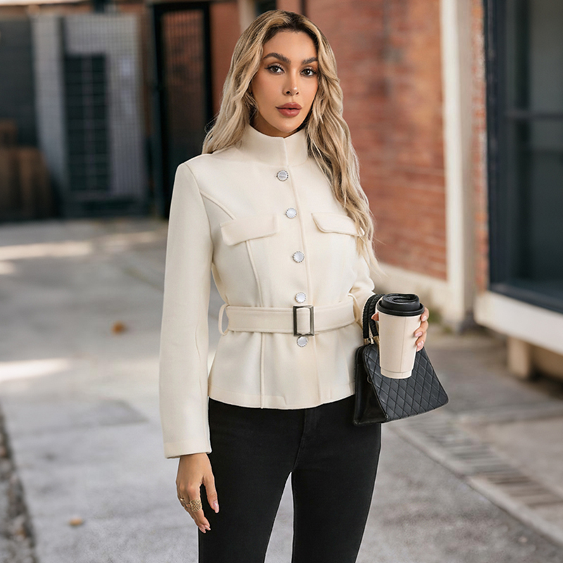 Women Formal Wear Belt - Women White Mock Neck Belted Jacket