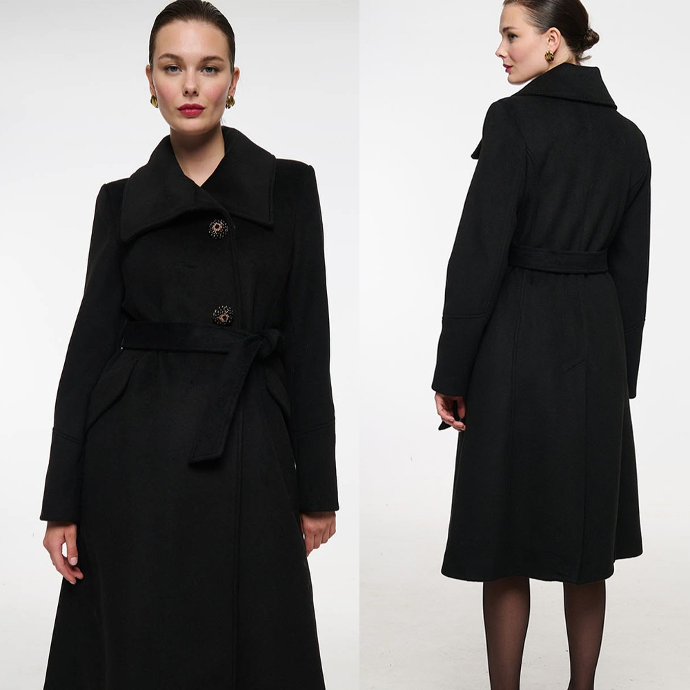 Women Formal Wear Belt - Vintage Black Stand Collar Women Woolen